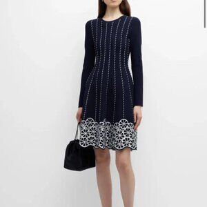 Lela Rose Jacquard Knit Long-Sleeve Dress $1,490 small navy white